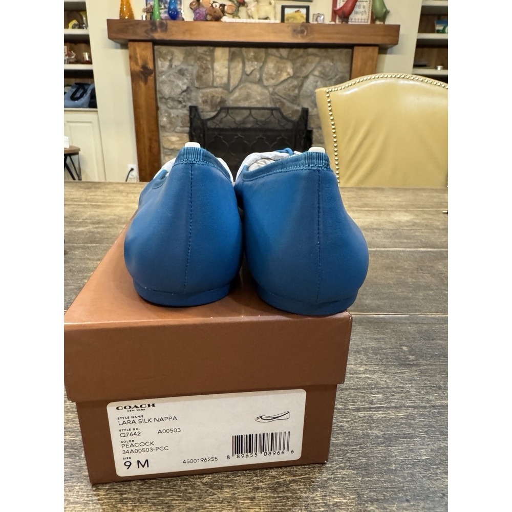NWB COACH Lara Silk Nappa Ballet Flats Peacock Blue Leather Bow Logo‎ Size 9 - Picture 9 of 11